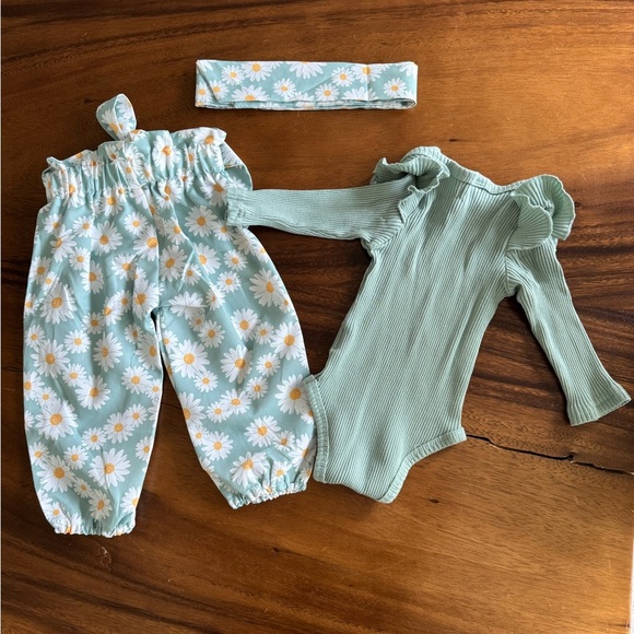 NEW Sage Green Baby Girl Outfit with Daisies 3-6M - Picture 4 of 4